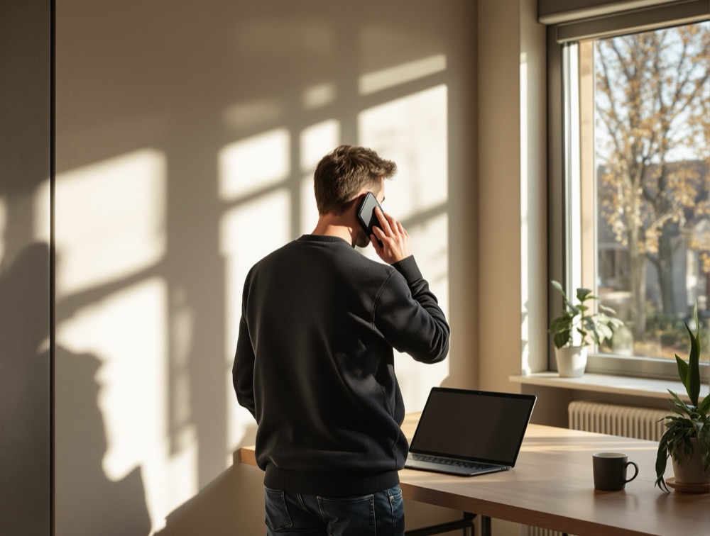 Der Störer — chaotischer Schreibtisch mit Telefonen und zerknülltem Papier
